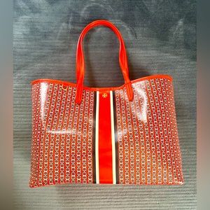 Tory Burch Gemini Link Orange Blue White Coated Canvas Tote Bag